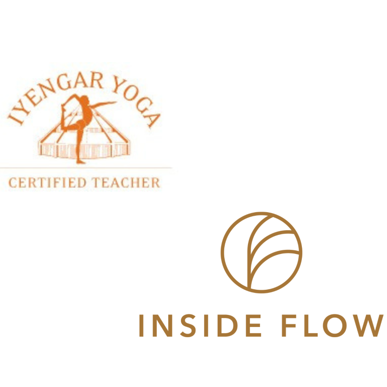 Logo von Iyengar Yoga mit dem Zusatz "Zertifizierter Lehrer" und dem Inside Flow-Logo.